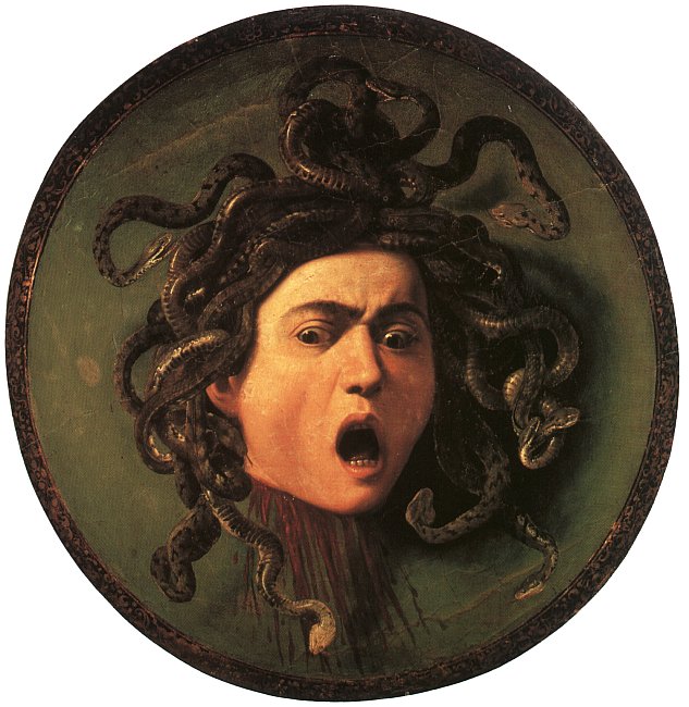 カラヴァッジオ　「メデューサの首」　1598-99　　Oil on canvas mounted on wood, 60 x 55 cm　　フィレンツェ、ウフィツィ美術館